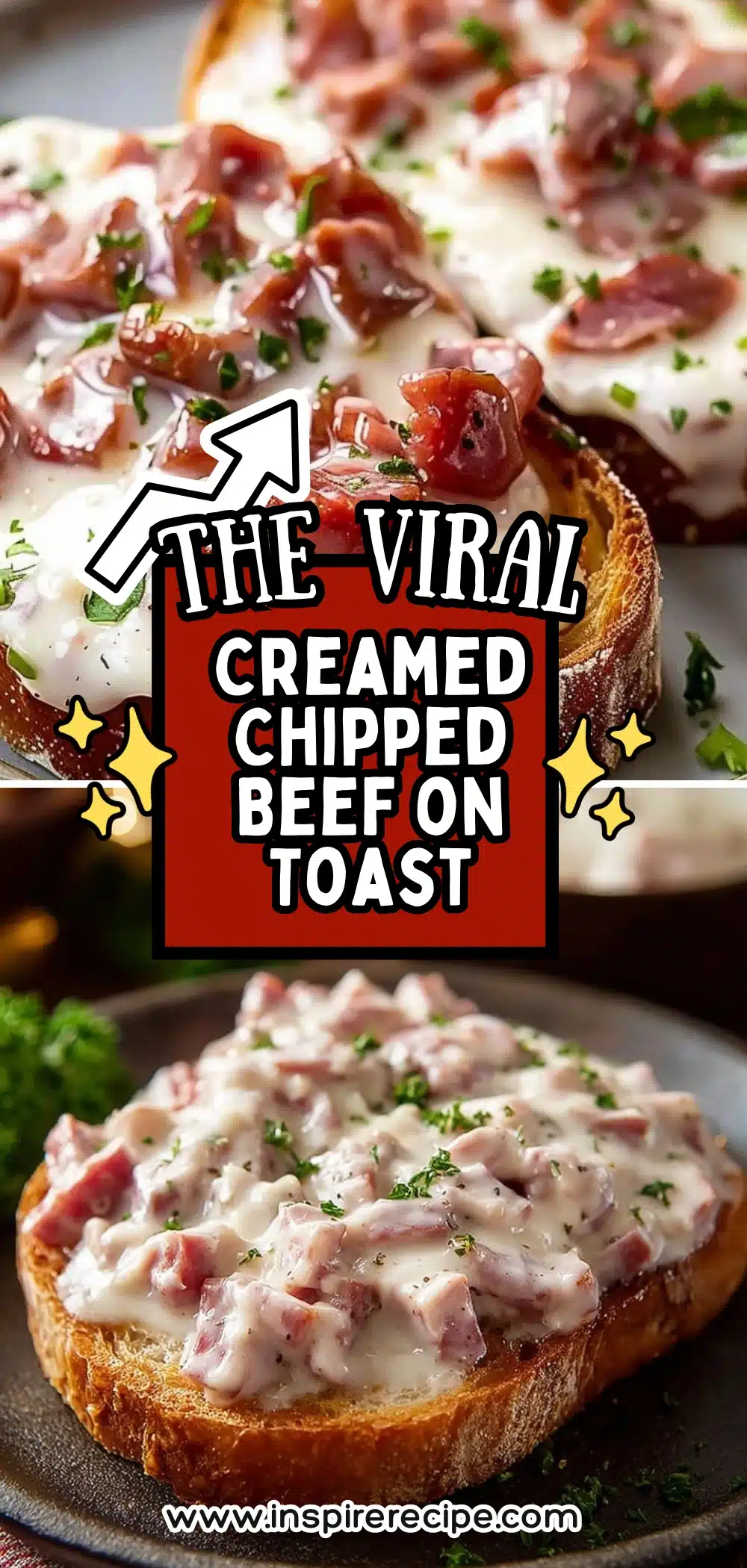 Toasted bread slices topped with creamy chipped beef sauce and garnished with chopped parsley.