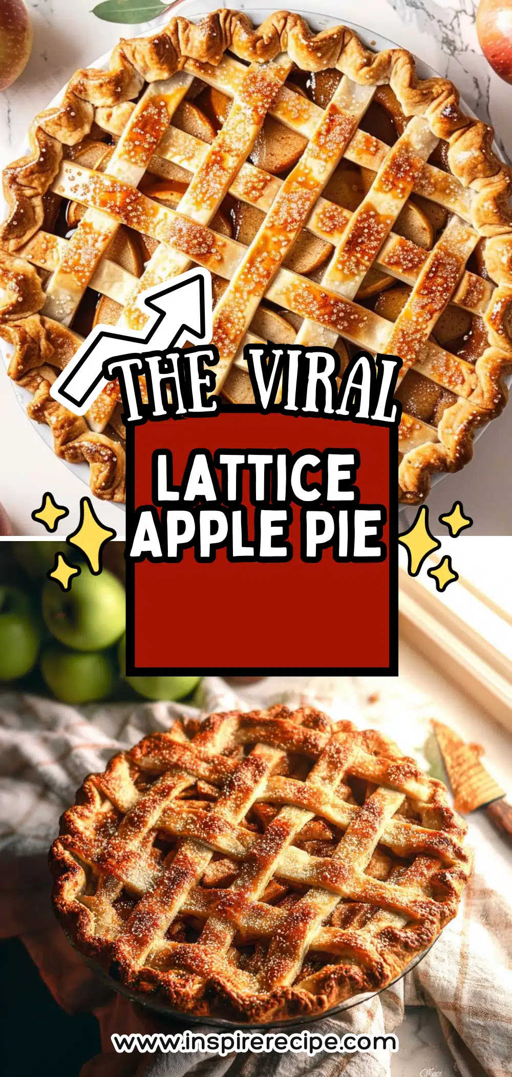 Golden lattice‑topped apple pie with sparkling sugar and caramelized edges.