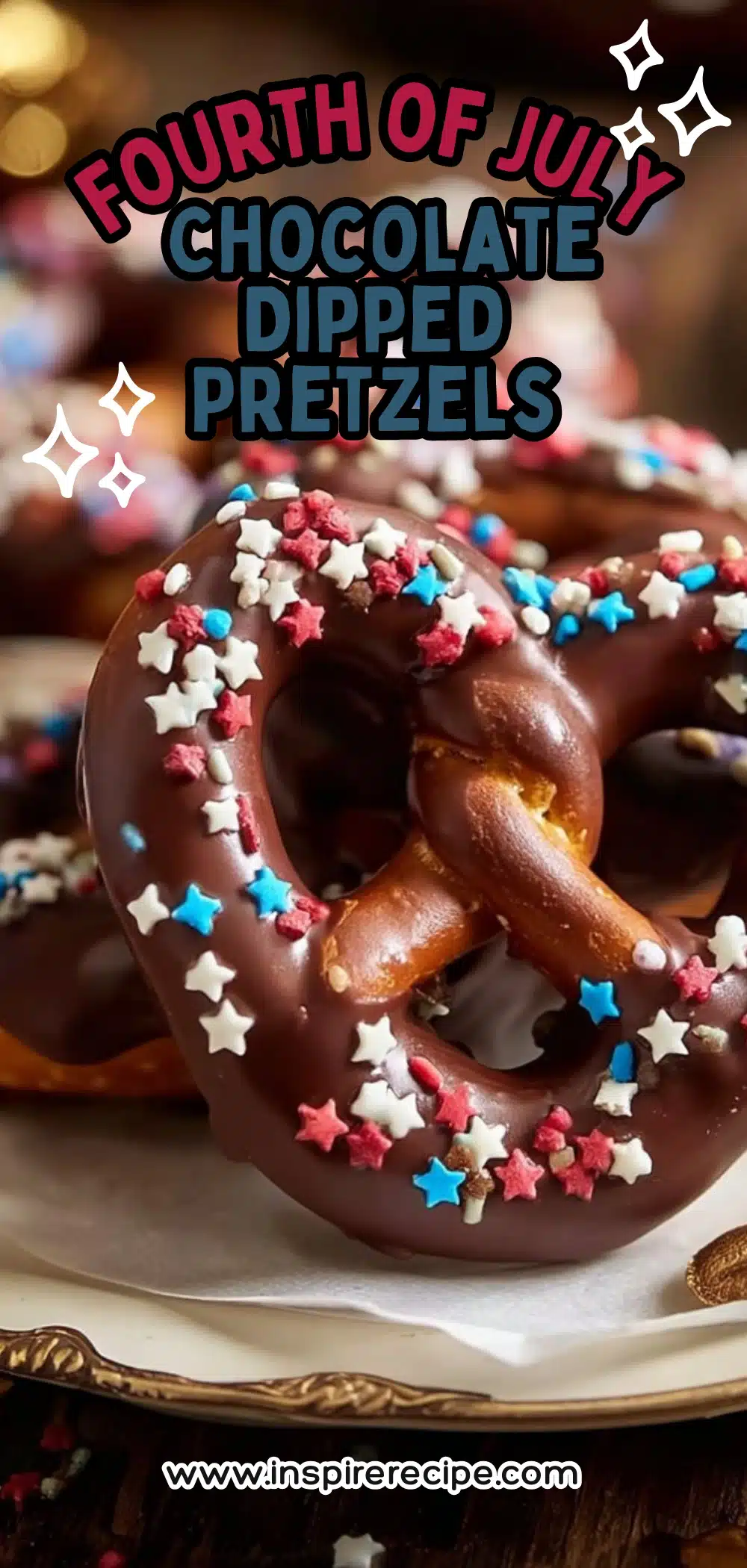 Chocolate dipped pretzel rods with red, white, and blue star sprinkles on a plate.