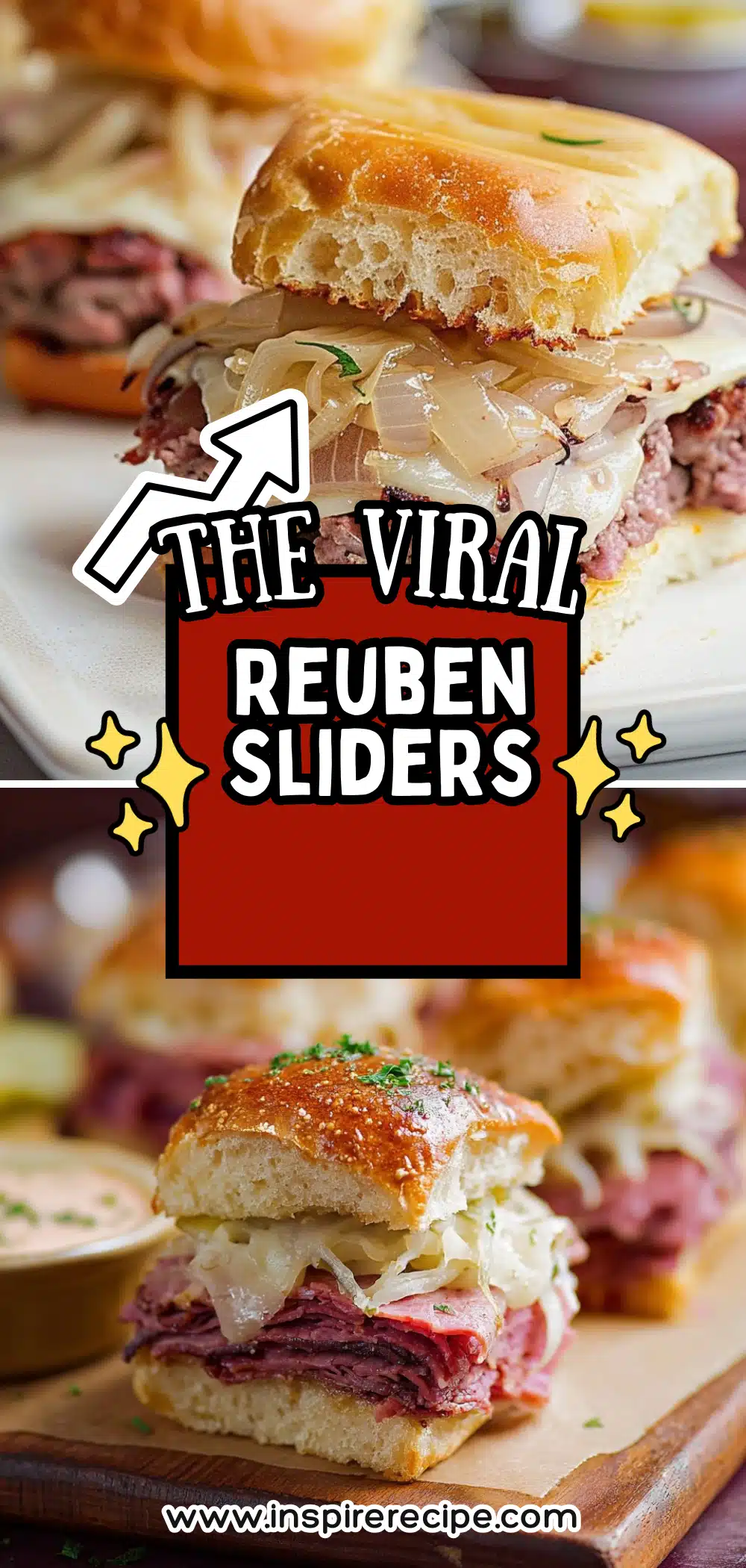 Slider sandwiches with corned beef, sauerkraut, melted cheese, and tangy sauce on mini buns.