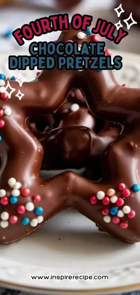 Star-shaped chocolate dipped pretzel with red, white, and blue sprinkle pearls on a white plate.