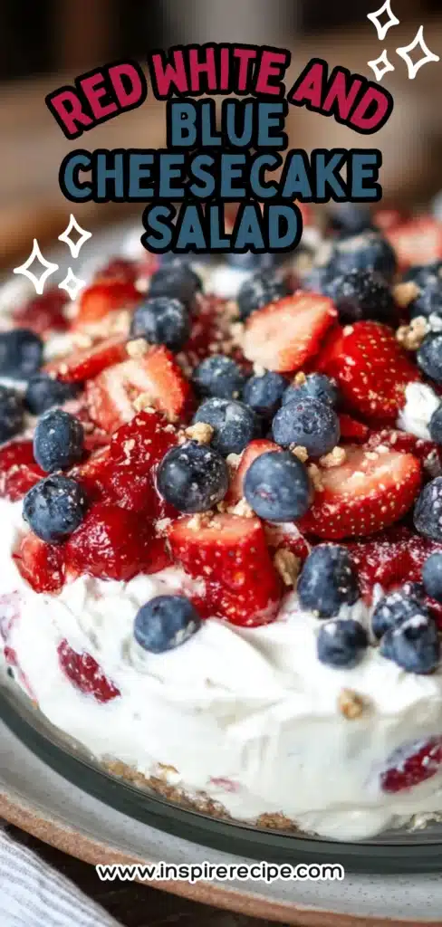 Bowl of cheesecake salad topped with strawberries, blueberries, and graham cracker crumbs.