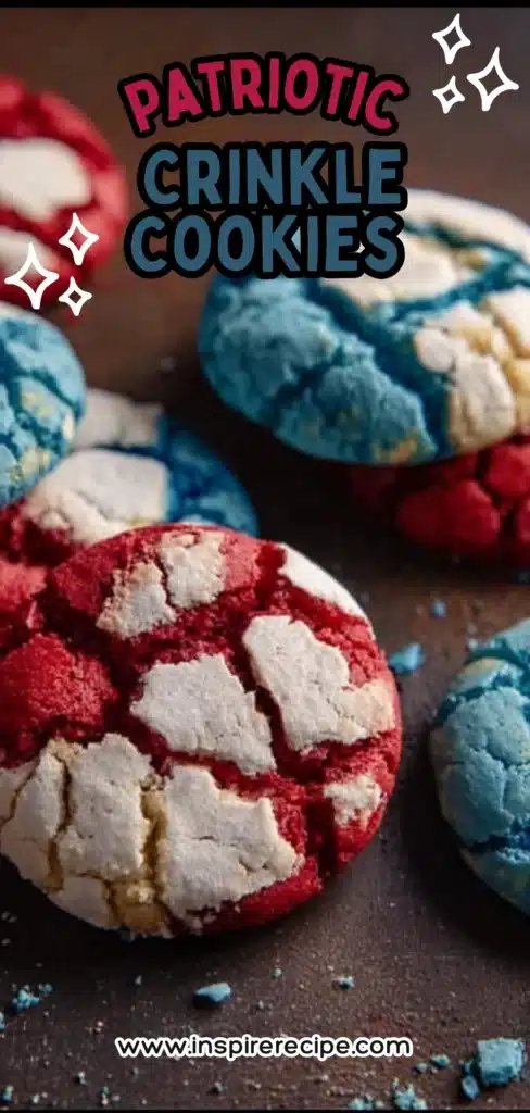 Red and blue crinkle cookies with white cracked tops on a dark surface.