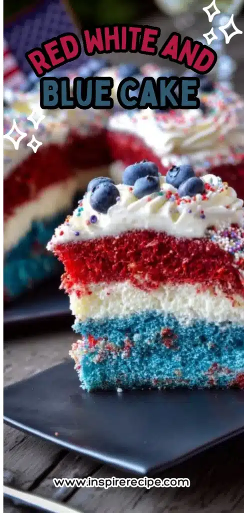 Slice of red, white, and blue layered cake topped with whipped frosting, sprinkles, and blueberries on a black plate.