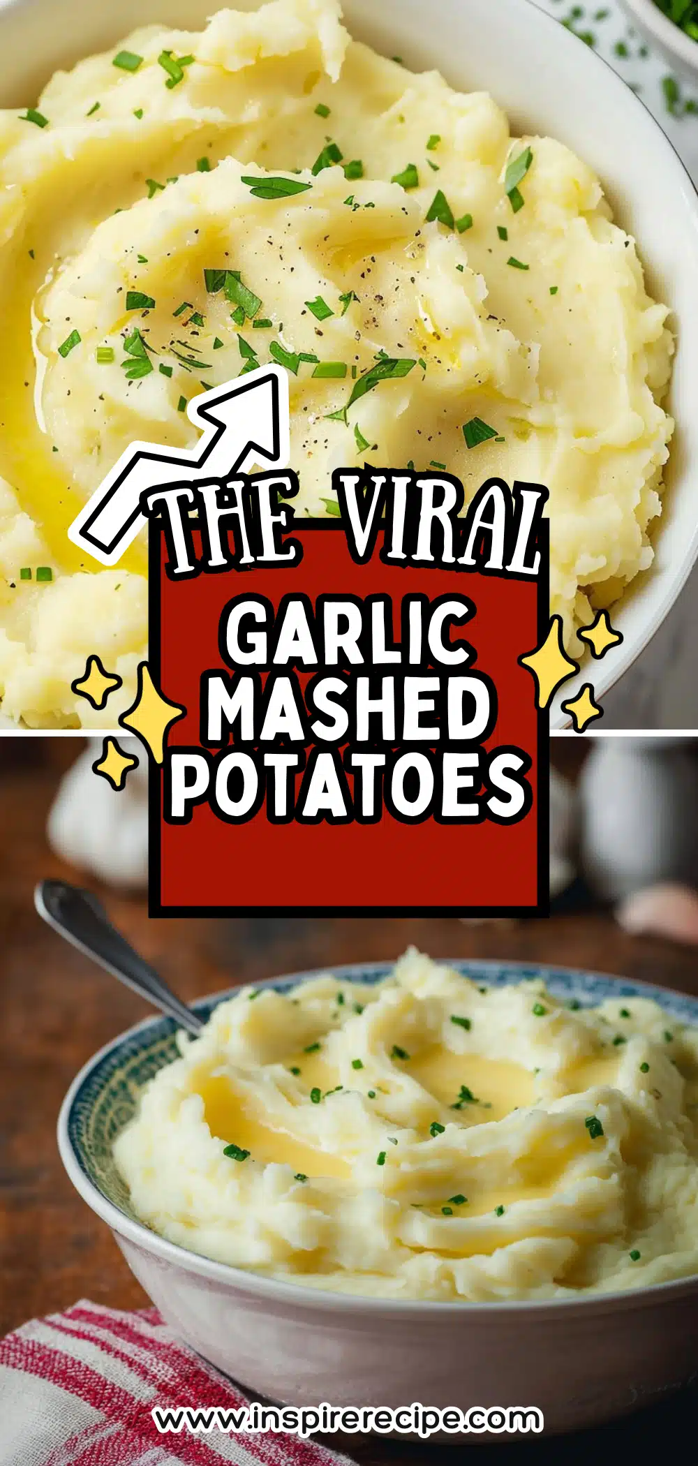 Bowl of buttery garlic mashed potatoes garnished with chives.