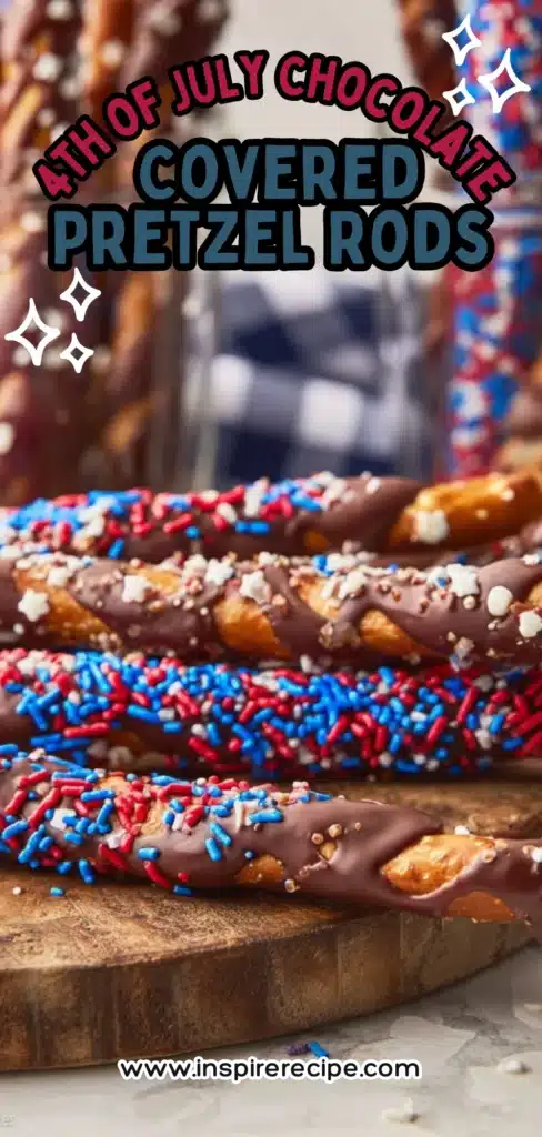 Chocolate‑covered pretzel rods with red, white, and blue sprinkles on a wooden board.