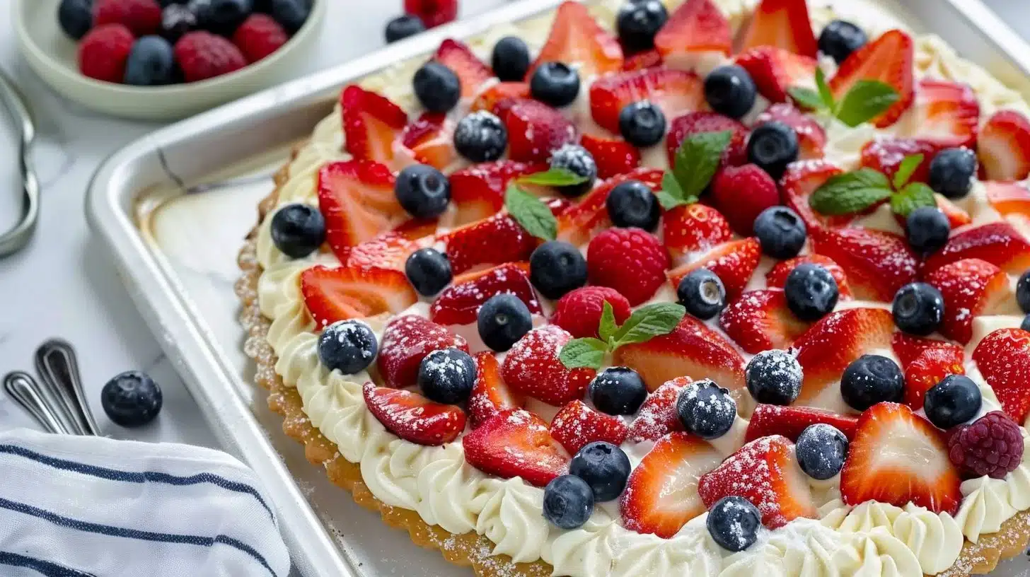 Fruit pizza on sugar‑cookie crust with frosting, strawberries, blueberries, raspberries, and mint leaves