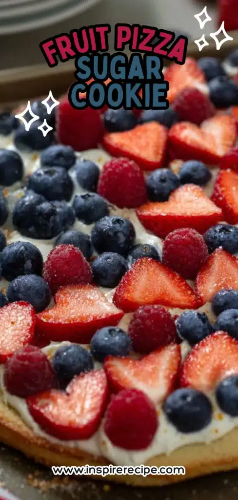 Fruit pizza on sugar‑cookie crust with frosting, strawberries, blueberries, and raspberries