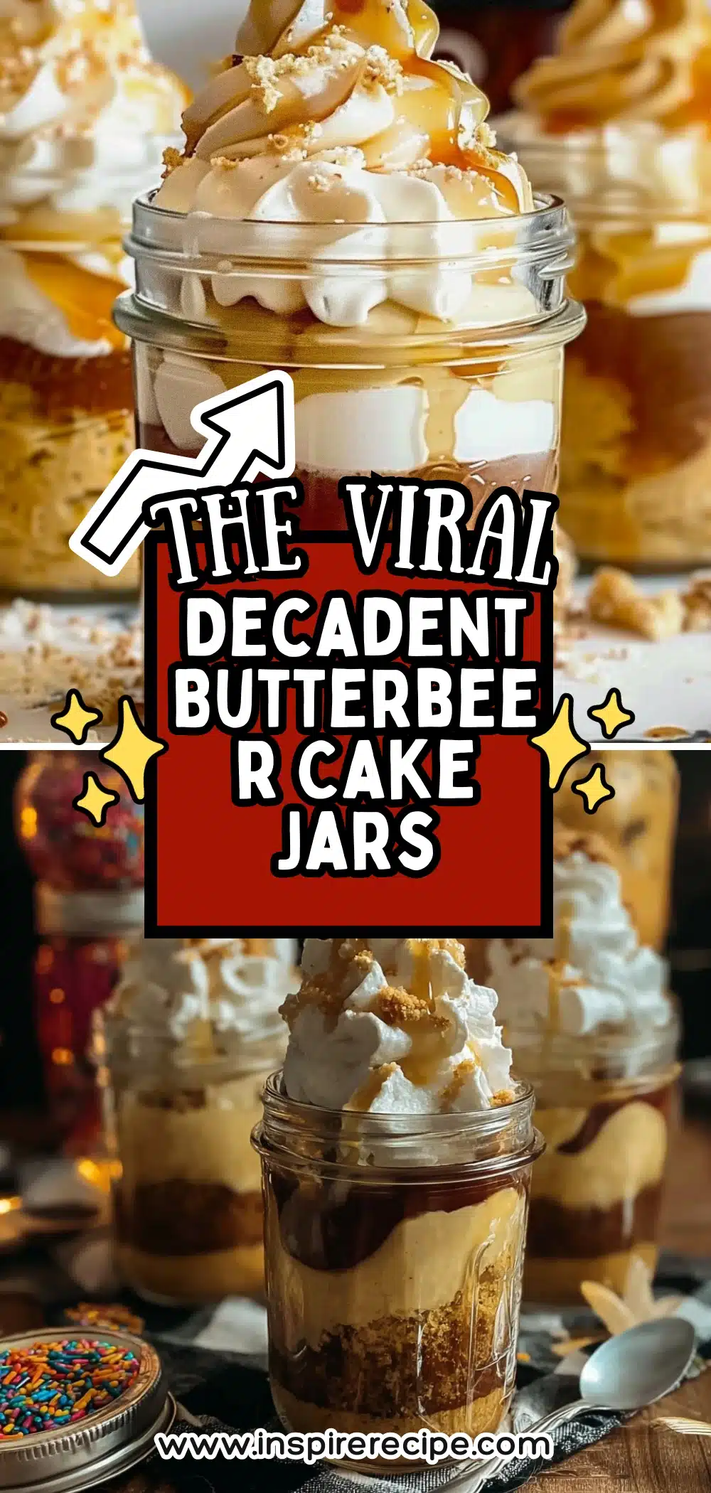 Mason jars layered with moist cake, whipped cream, and butterscotch sauce for a magical single-serve dessert.