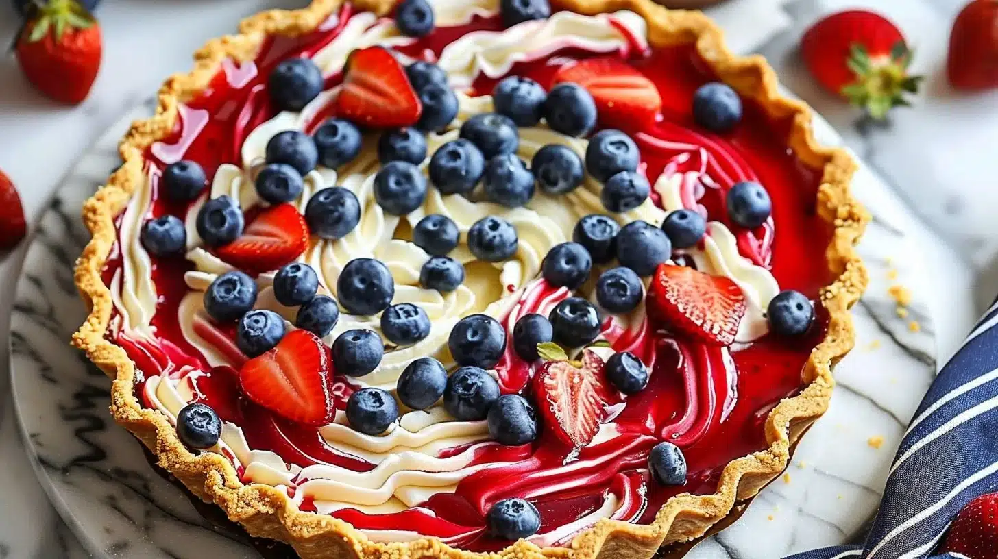 Swirl pie in tart crust with cream filling, red strawberry sauce, fresh blueberries, and strawberry slices on top