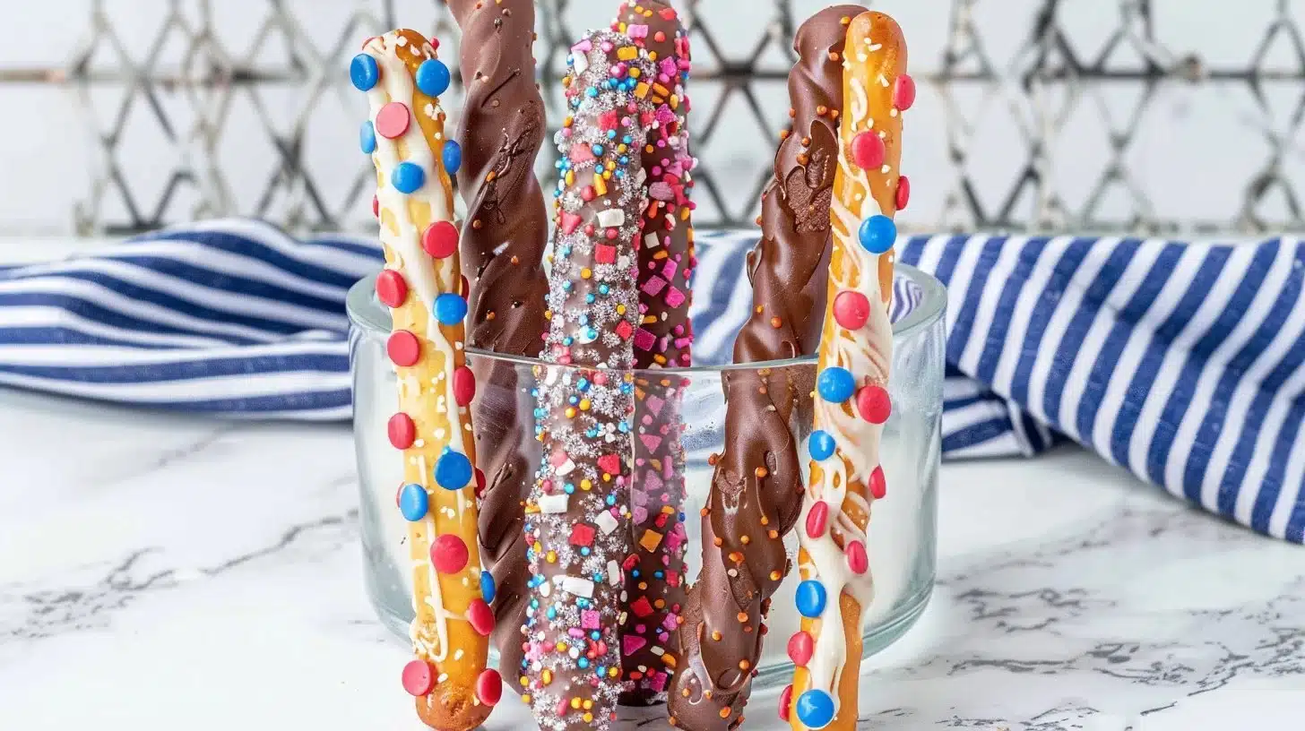 Festively decorated chocolate covered pretzel rods for 4th of July