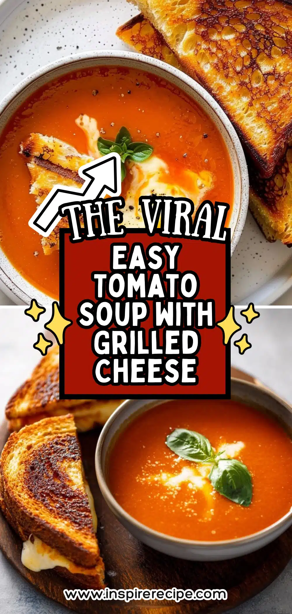Bowls of smooth tomato soup served with crispy, golden grilled cheese sandwiches and a garnish of basil.