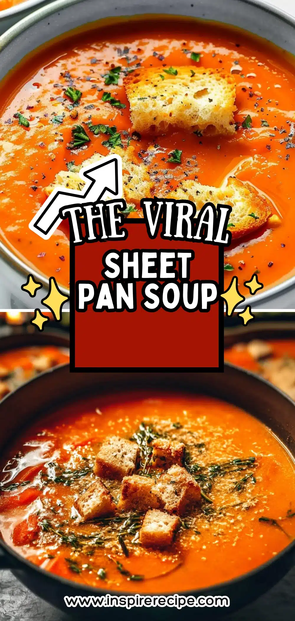 Creamy tomato-based soup in a bowl, topped with golden toasted croutons and fresh herbs.