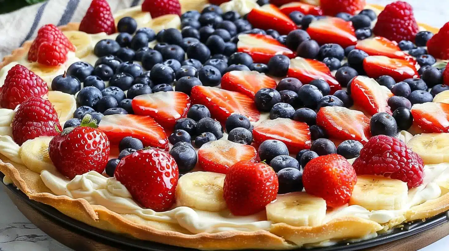 American Flag Fruit Pizza topped with fresh strawberries, blueberries, and whipped cream.