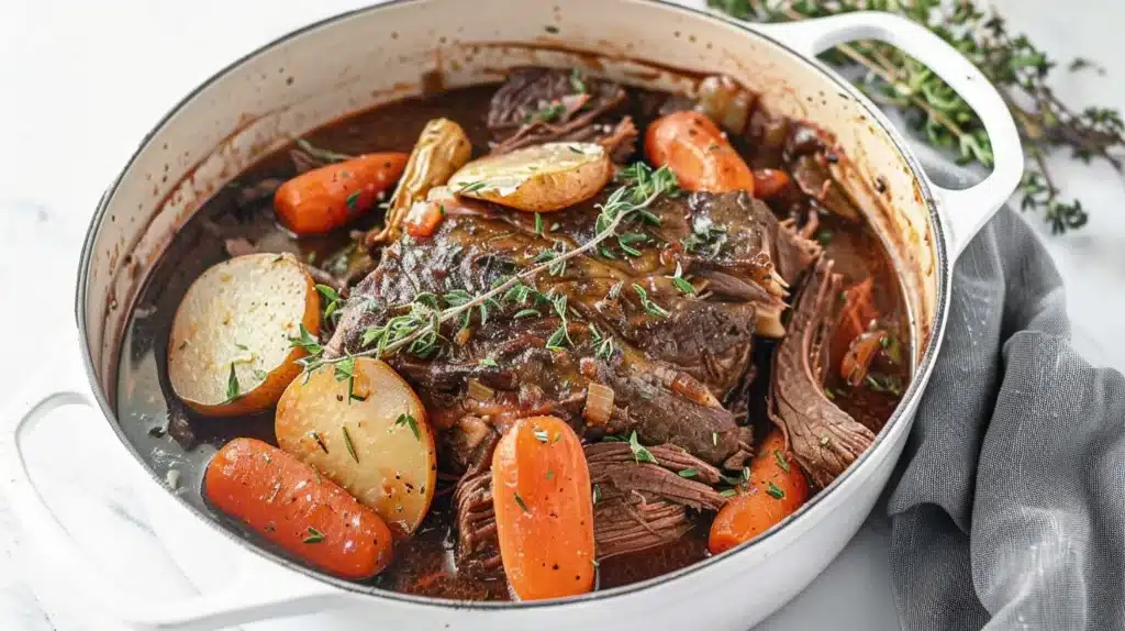 Delicious classic pot roast served with vegetables and gravy