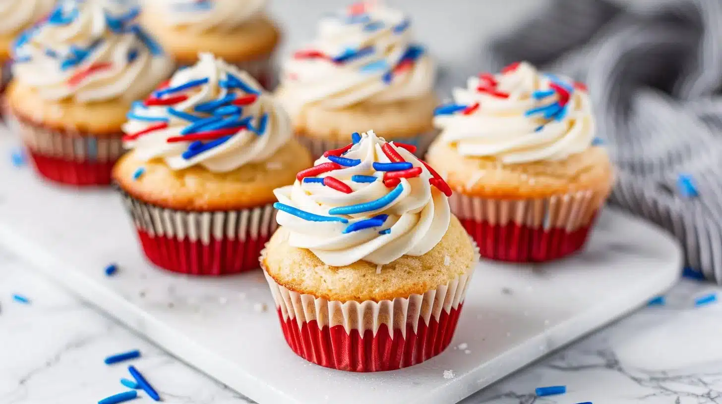 Delicious and colorful easy 4th of July cupcakes decorated for the holiday