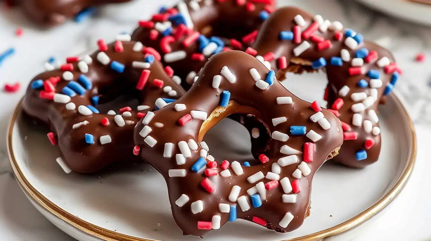 Fourth of July chocolate dipped pretzels decorated with red, white, and blue sprinkles