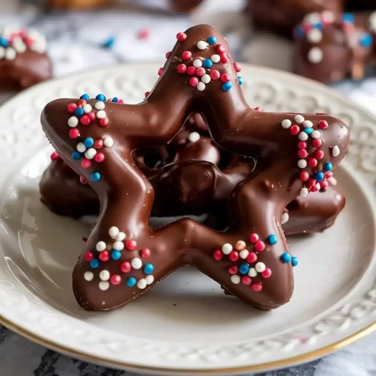 Fourth of July chocolate dipped pretzels with red, white, and blue sprinkles