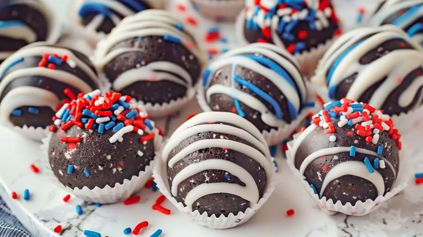 Delicious Patriotic Oreo Balls decorated with red, white, and blue sprinkles.