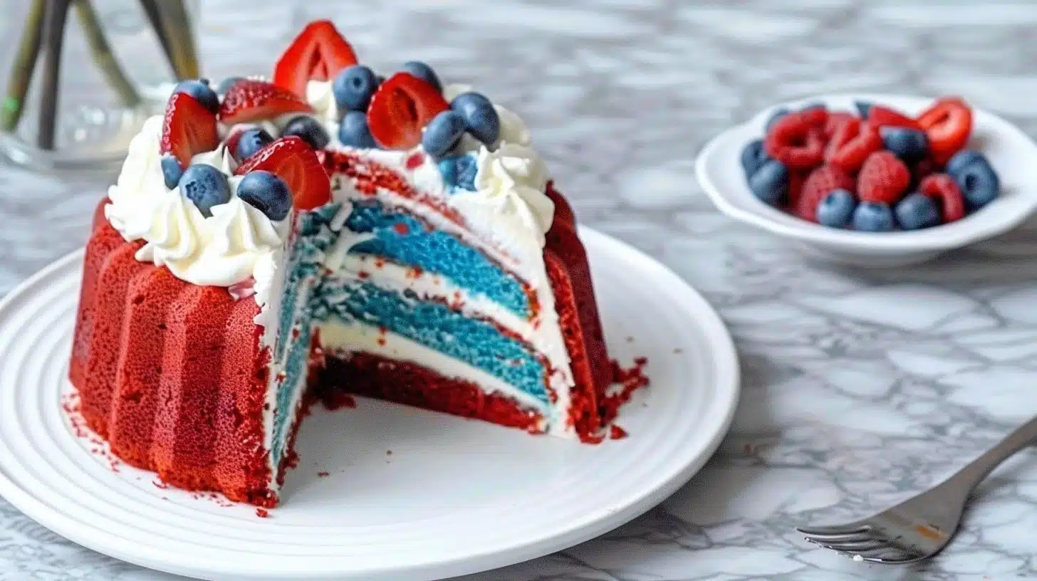 Delicious red white and blue cake decorated for festive celebrations.