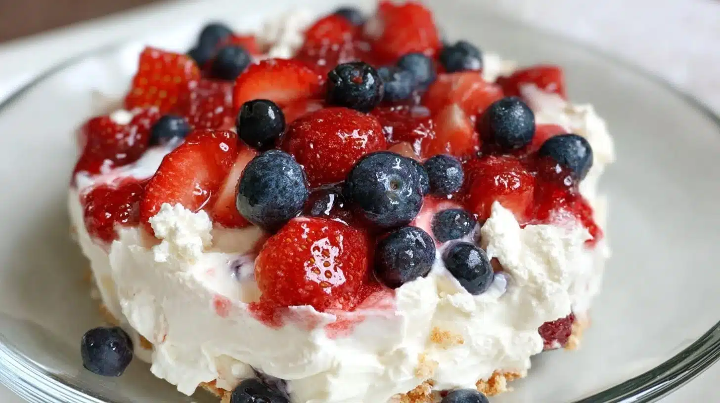 Delicious Red White and Blue Cheesecake Salad with berries and whipped cream