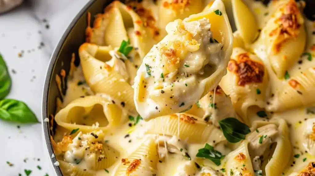 Delicious Million Dollar Chicken Alfredo Stuffed Shells topped with creamy sauce