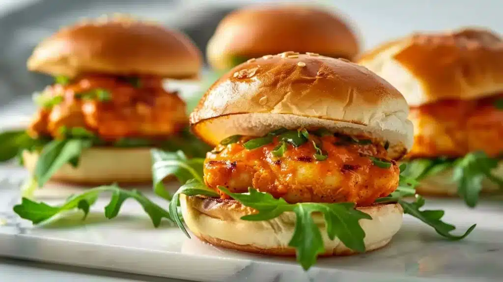Delicious spicy chicken sliders served on a platter