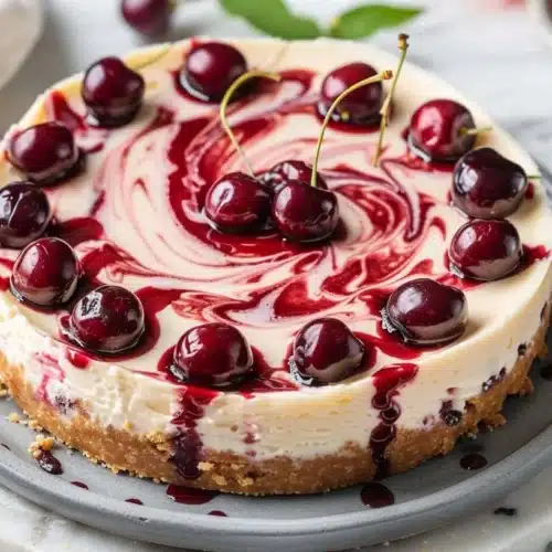 New York Style Swirl Cherry Cheesecake topped with vibrant cherries.