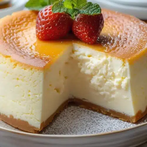 Deliciously fluffy Japanese Cheesecake topped with whipped cream and fruit.