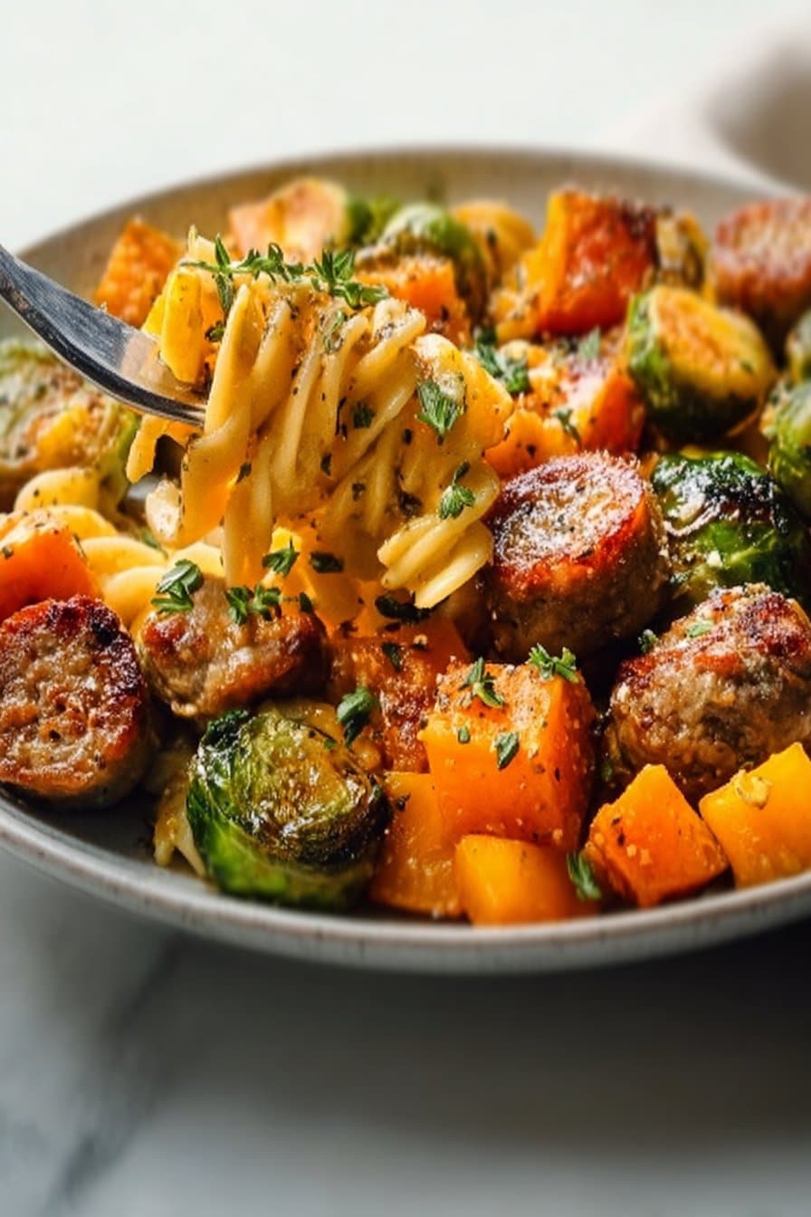 Autumn Pasta with Butternut Squash, Brussels Sprouts, and Italian Sausage