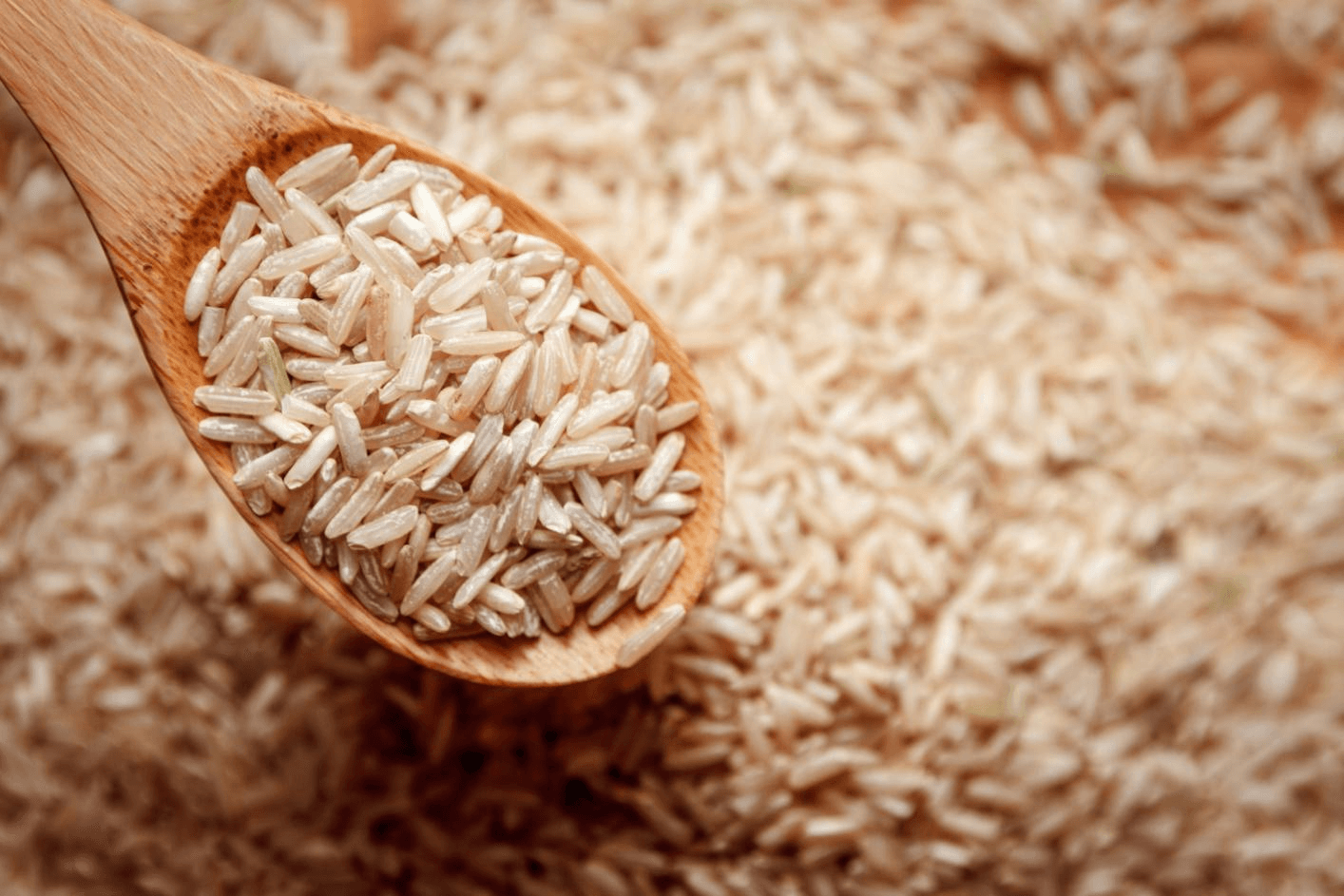 "Wooden spoon filled with uncooked Brown Basmati Rice, showcasing its texture and grains