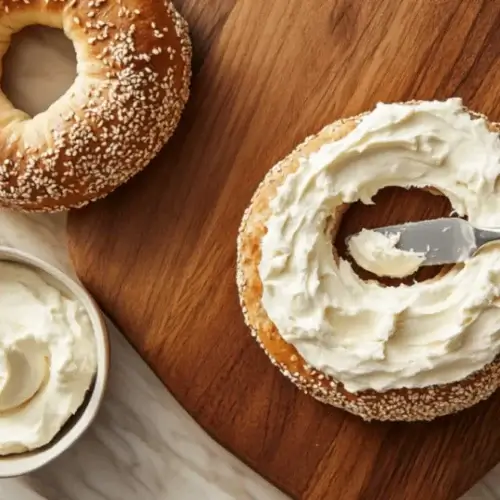 Top-down view of a cozy kitchen counter with a wooden cutting board, a butter knife spreading cream cheese on a bagel, and a small bowl of cream cheese beside it.
