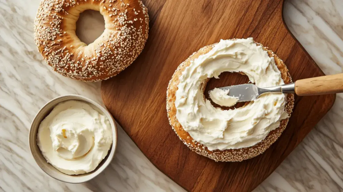 Top-down view of a cozy kitchen counter with a wooden cutting board, a butter knife spreading cream cheese on a bagel, and a small bowl of cream cheese beside it.