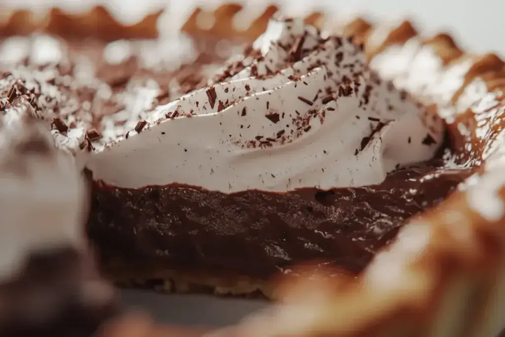 Close-up of a rich and creamy chocolate cream pie topped with whipped cream and chocolate shavings – Cream Pie Recipe.