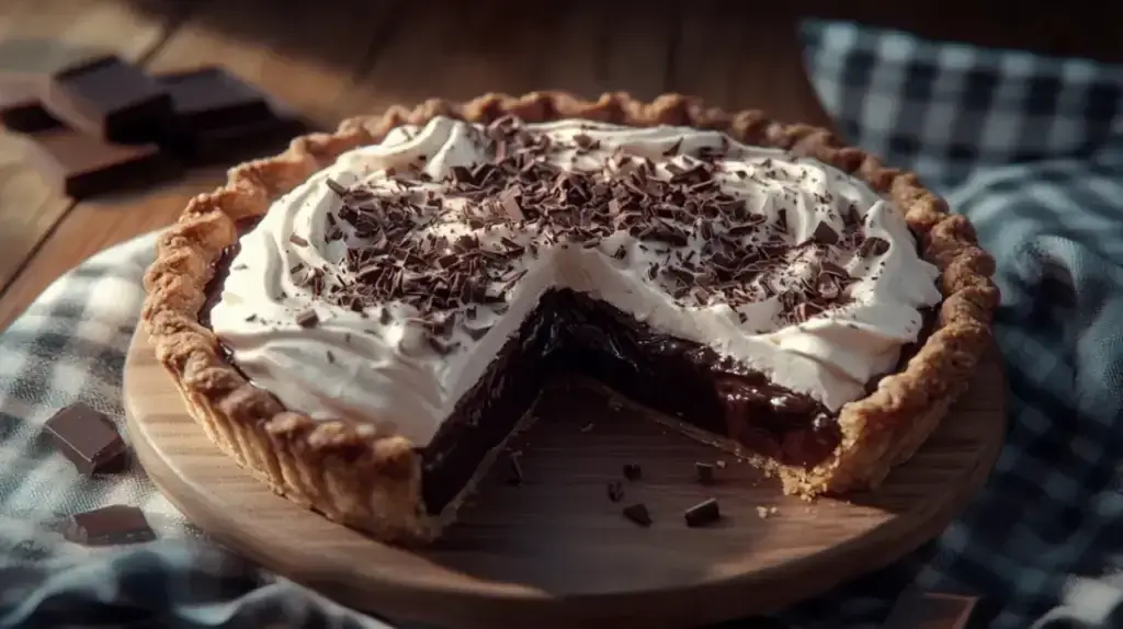 Cream Pie Recipe – Tarte crémeuse au chocolat avec une croûte dorée, garnie de crème fouettée et de copeaux de chocolat