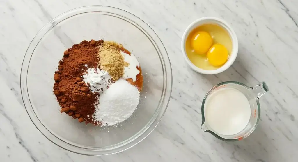 Ingredients for Cream Pie Recipe – cocoa powder, sugar, brown sugar, eggs, milk, and cornstarch in glass bowls on a marble countertop