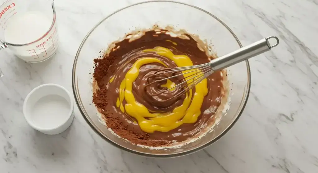 Mixing chocolate filling for Cream Pie Recipe – whisking egg yolks into a rich cocoa mixture in a glass bowl