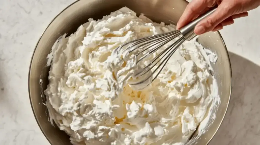 Freshly whipped cream being mixed with a whisk in a stainless steel bowl – Cream Pie Recipe topping