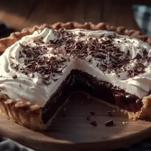 Cream Pie Recipe – Tarte crémeuse au chocolat avec une croûte dorée, garnie de crème fouettée et de copeaux de chocolat
