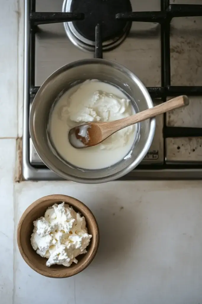 Cream cheese recipe: A top-down view of a pot with milk heating on the stove, wooden spoon stirring, and a bowl of freshly made cream cheese beside it.