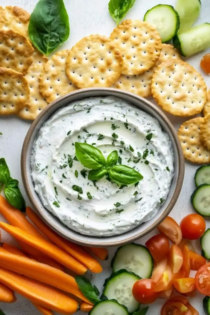 Cream cheese recipe: A bowl of freshly made cream cheese and herb dip, surrounded by crackers, sliced vegetables, and fresh herbs.