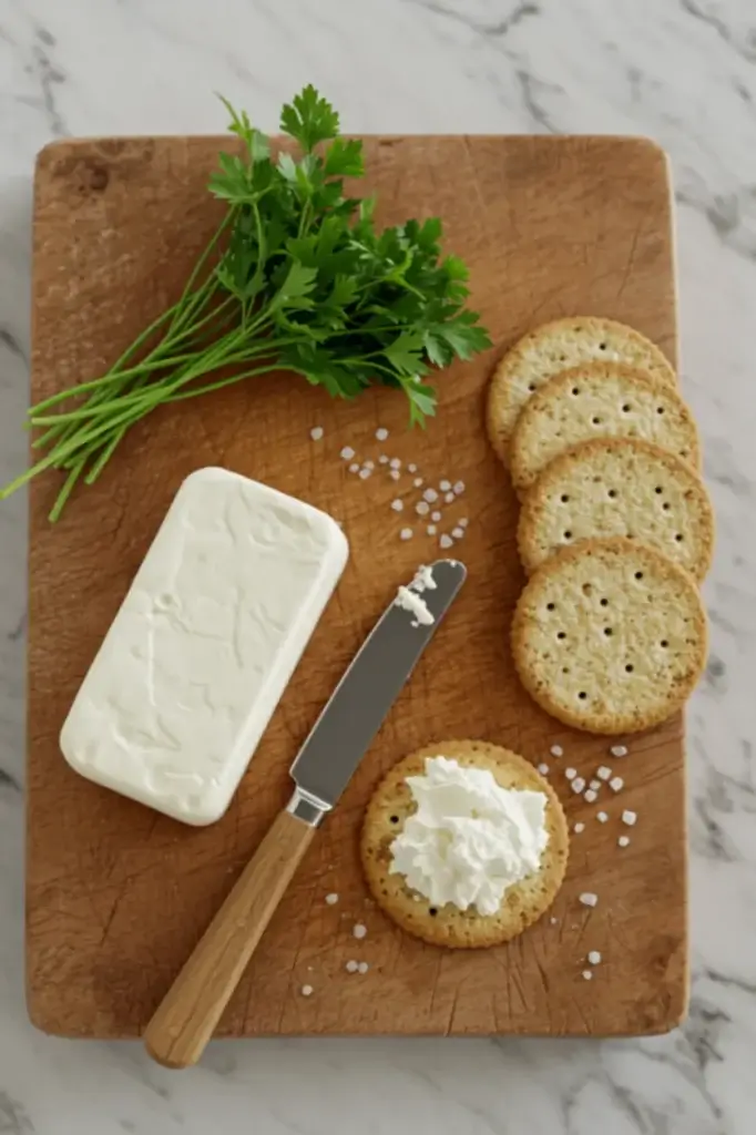Cream cheese recipe ingredients: A block of cream cheese with herbs and crackers on a simple wooden kitchen counter.