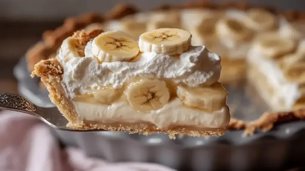 Slice of Easy Cream Pie Recipe topped with fresh banana slices and whipped cream on a flaky crust