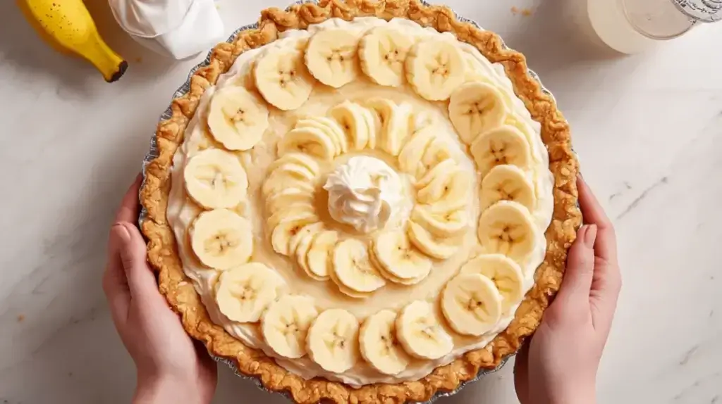 Easy Cream Pie Recipe topped with fresh banana slices and whipped cream in a golden flaky crust