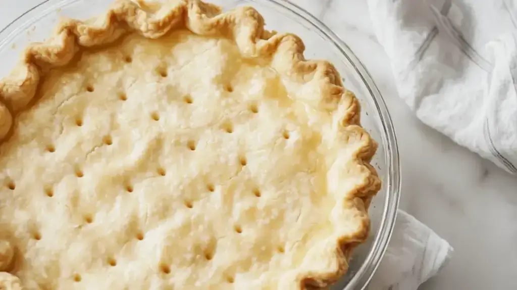 Pre-baked pie crust for Easy Cream Pie Recipe, golden and flaky with fork marks ready for filling
