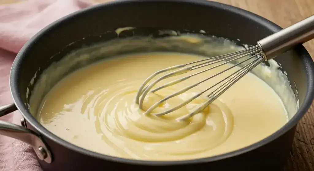 Vanilla custard filling being whisked in a saucepan for Easy Cream Pie Recipe.