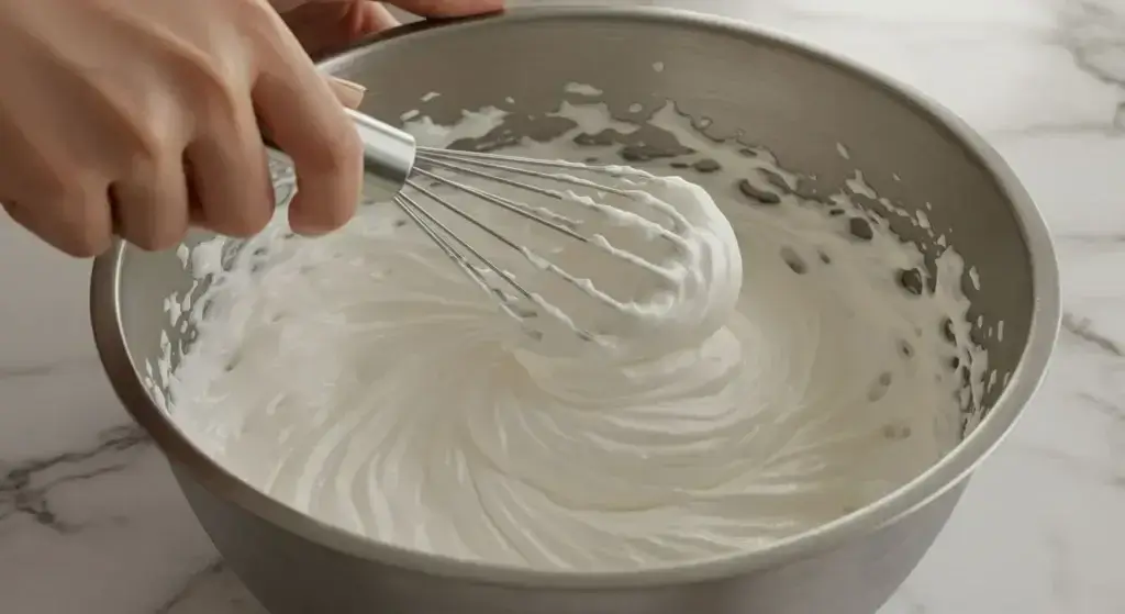 Fresh whipped cream being whisked in a bowl for topping the Easy Cream Pie Recipe