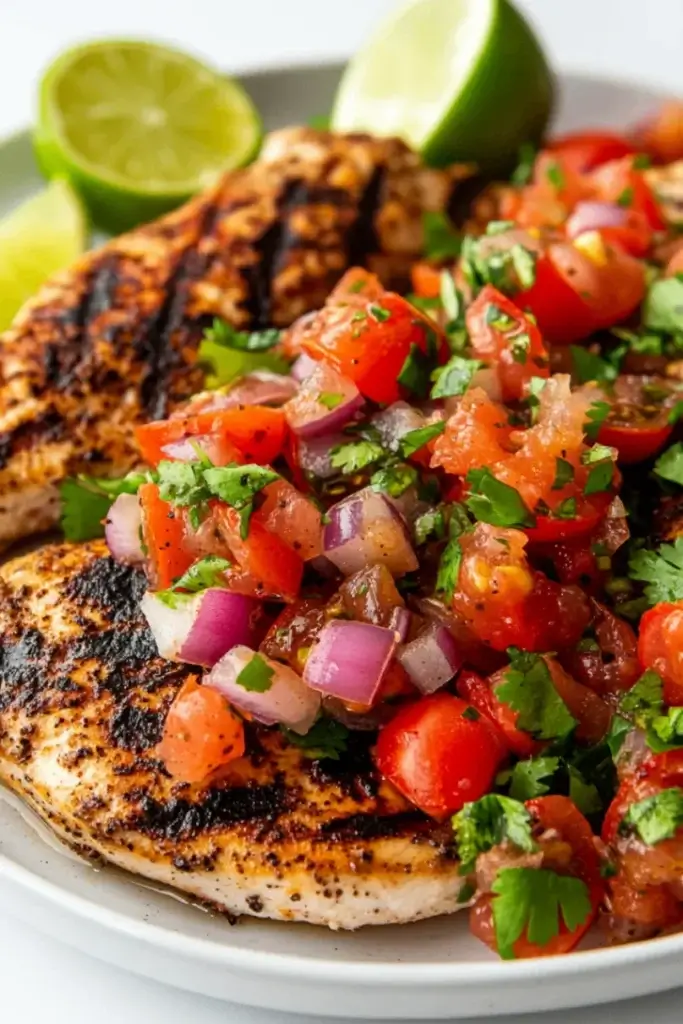 Healthy Grilled Chicken with Fresh Salsa served on a white plate, garnished with lime wedges and cilantro, perfect for a nutritious dinner