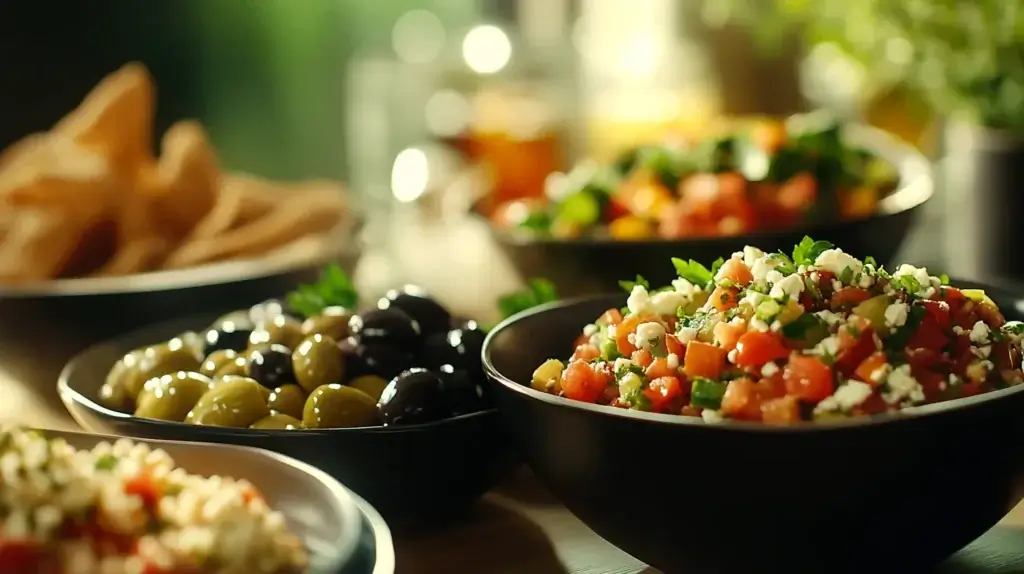 A vibrant assortment of healthy dinner recipes including fresh tomato salad with feta cheese, olives, and colorful vegetables served in black bowls on a rustic table