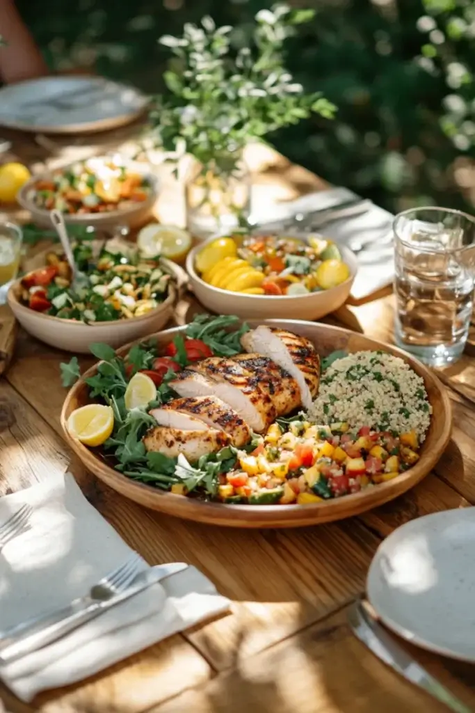 A rustic table setting featuring grilled chicken with fresh salsa, quinoa, roasted vegetables, and green salad for a healthy dinner spread